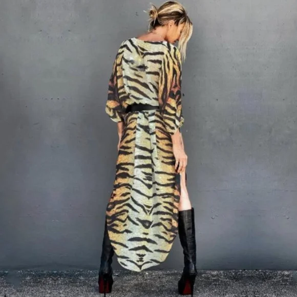 SALE! Last One New Tiger Print Sheer Swim Cover Up Kimono Duster Robe Cardigan - Picture 10 of 13